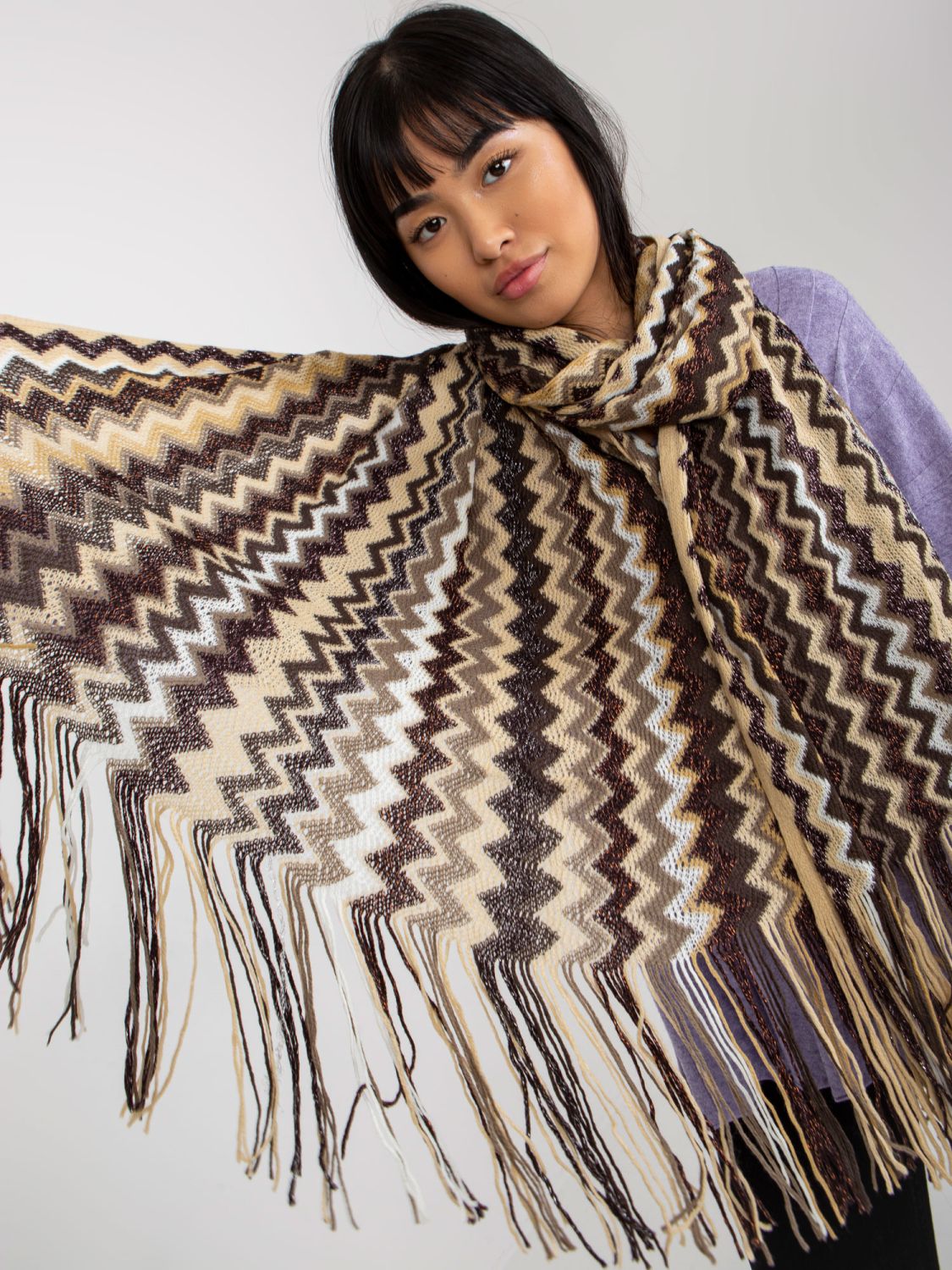 Light Beige Patterned Scarf with Fringes