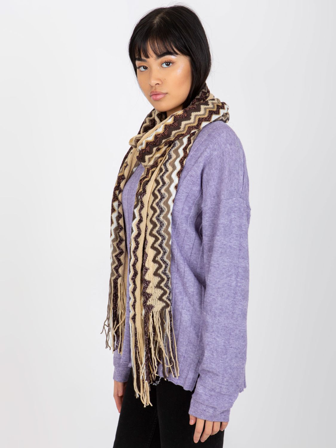 Light Beige Patterned Scarf with Fringes