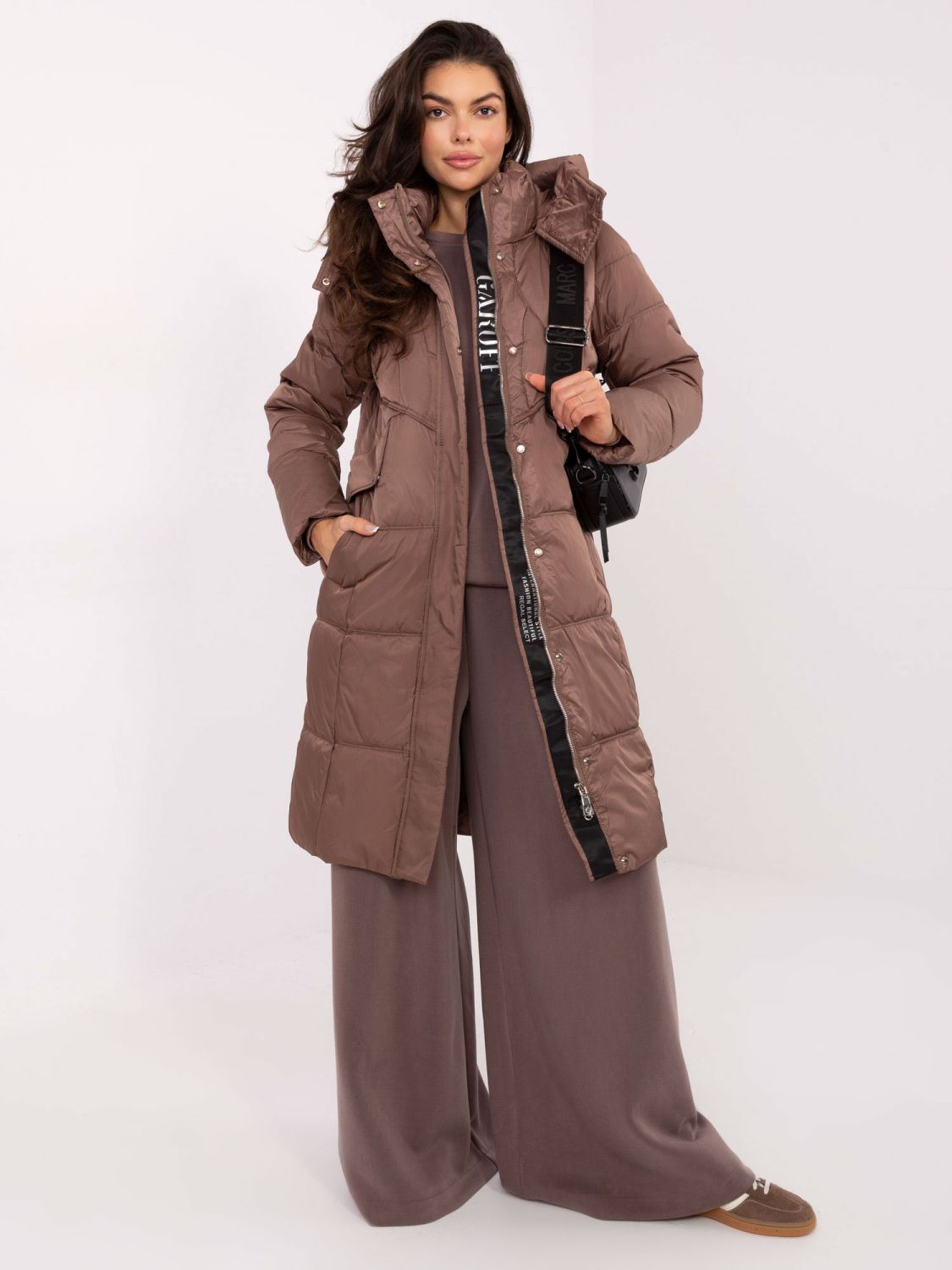 Long beige quilted coat with hood