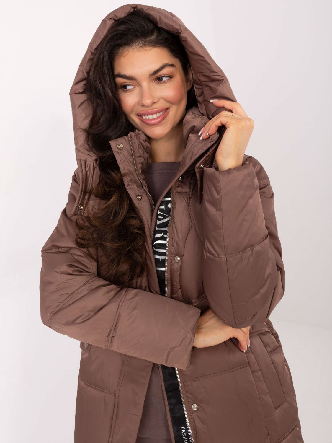 Long beige quilted coat with hood