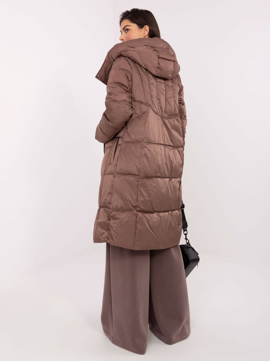 Long beige quilted coat with hood