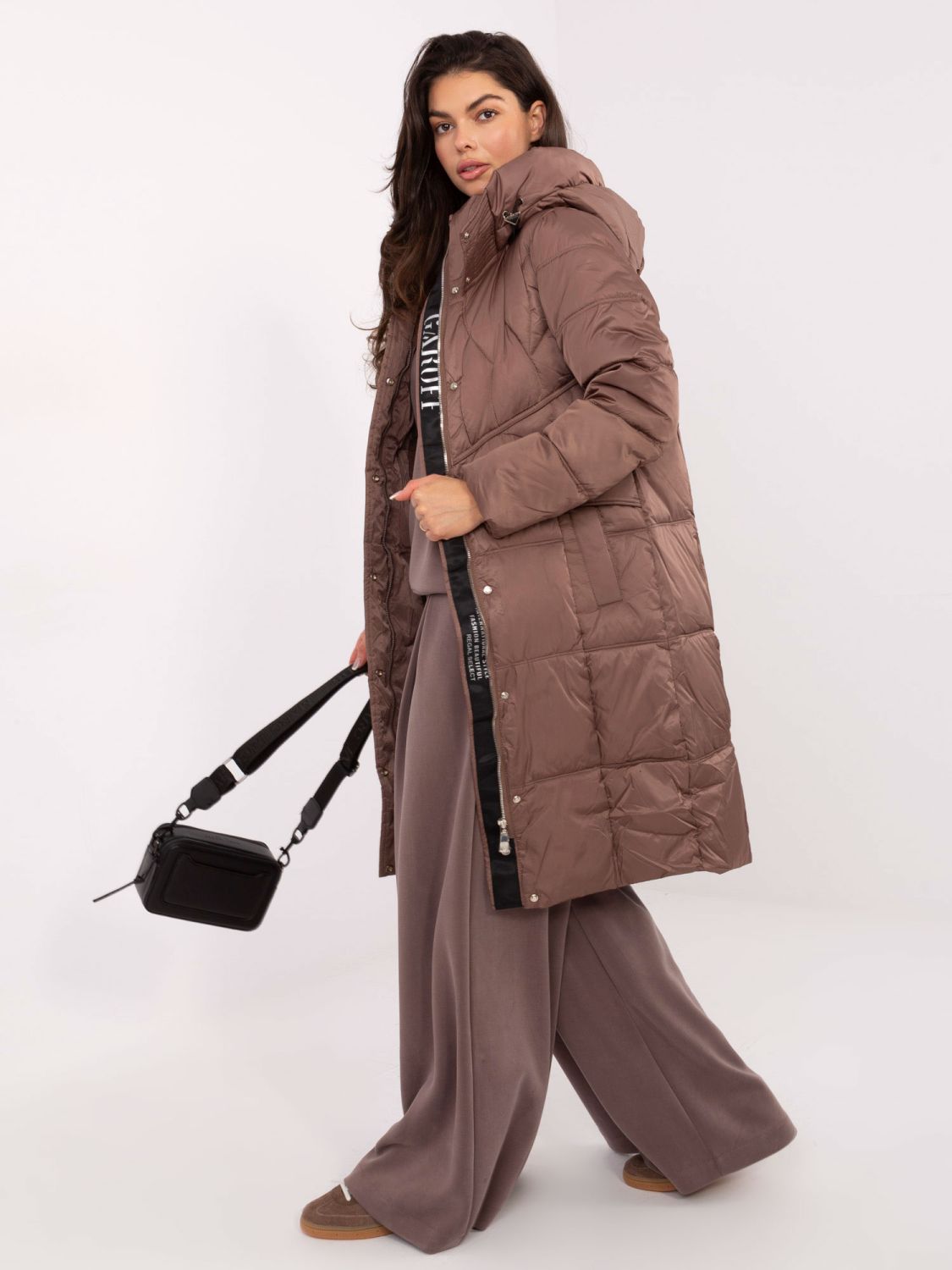 Long beige quilted coat with hood