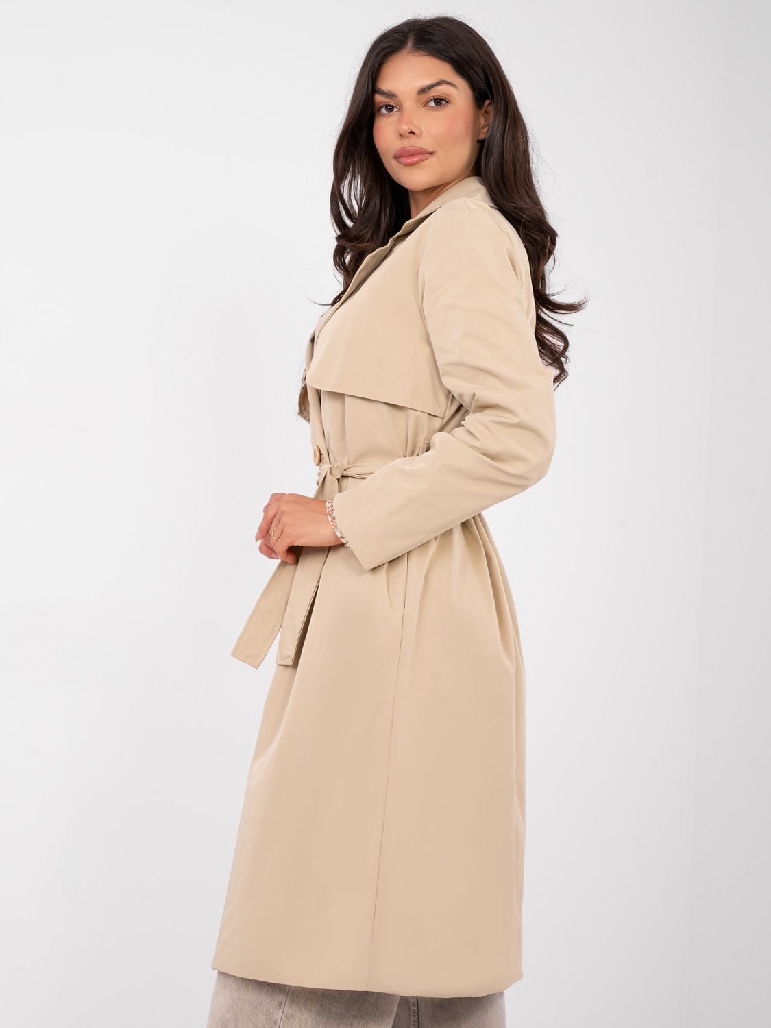 Camel transitional trench coat with belt