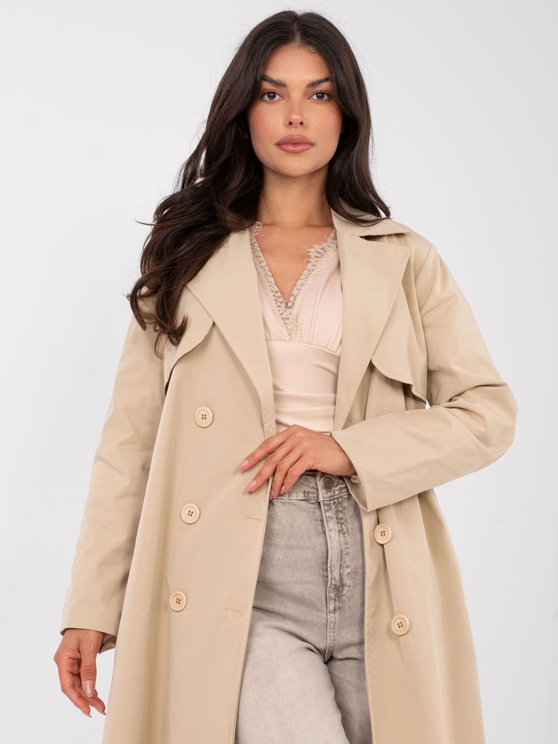Camel transitional trench coat with belt