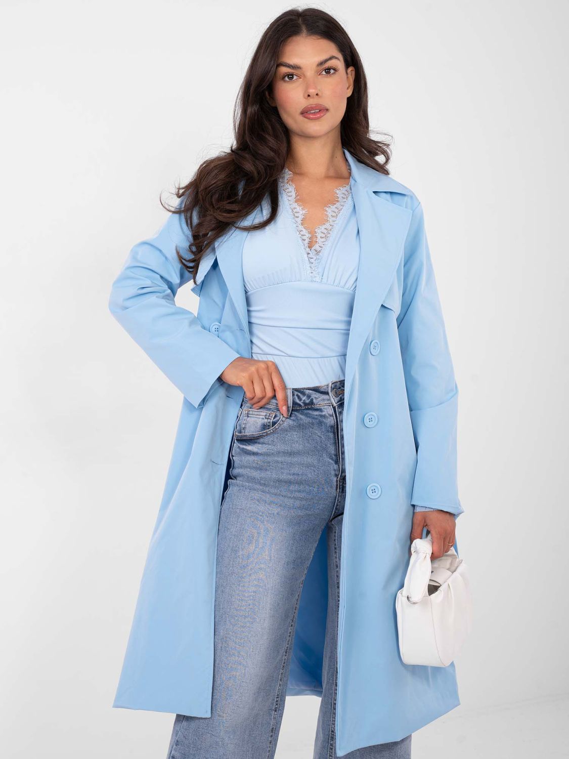 Light blue women's trench coat with belt