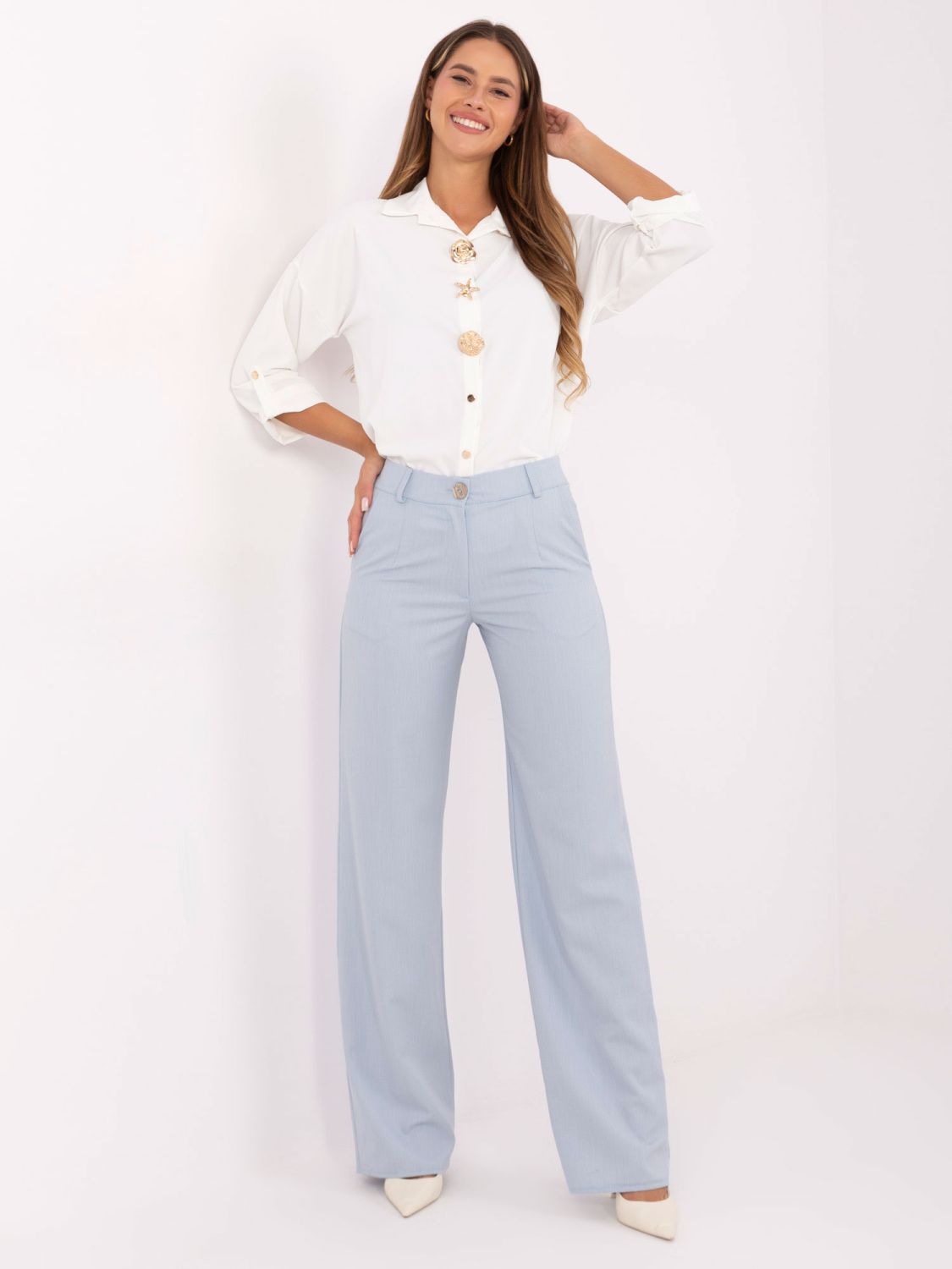 Elegant light blue wide-leg fabric trousers