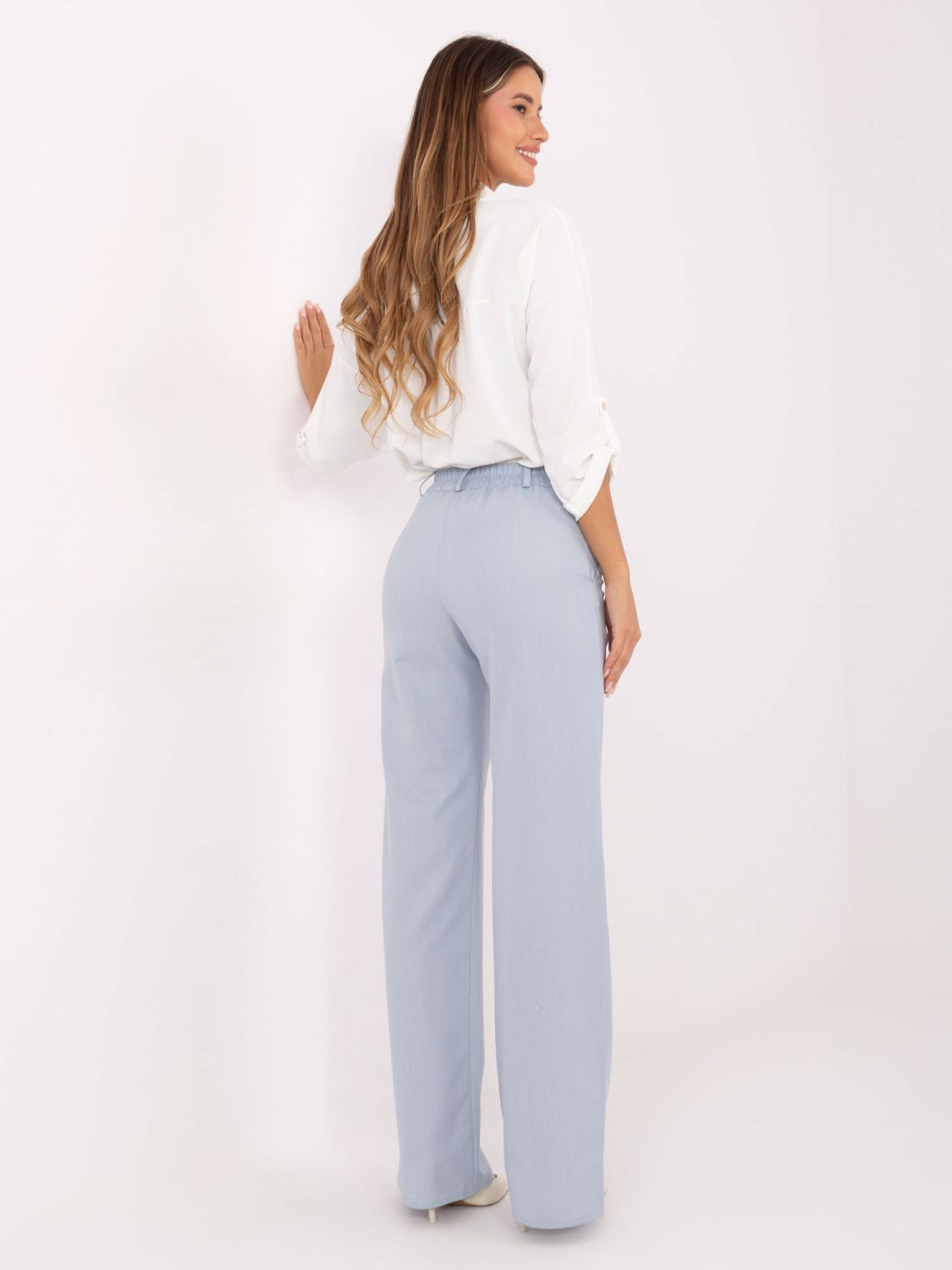 Elegant light blue wide-leg fabric trousers