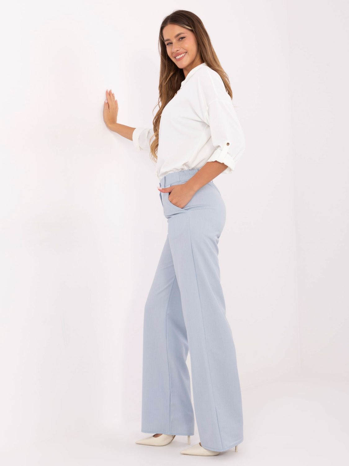 Elegant light blue wide-leg fabric trousers