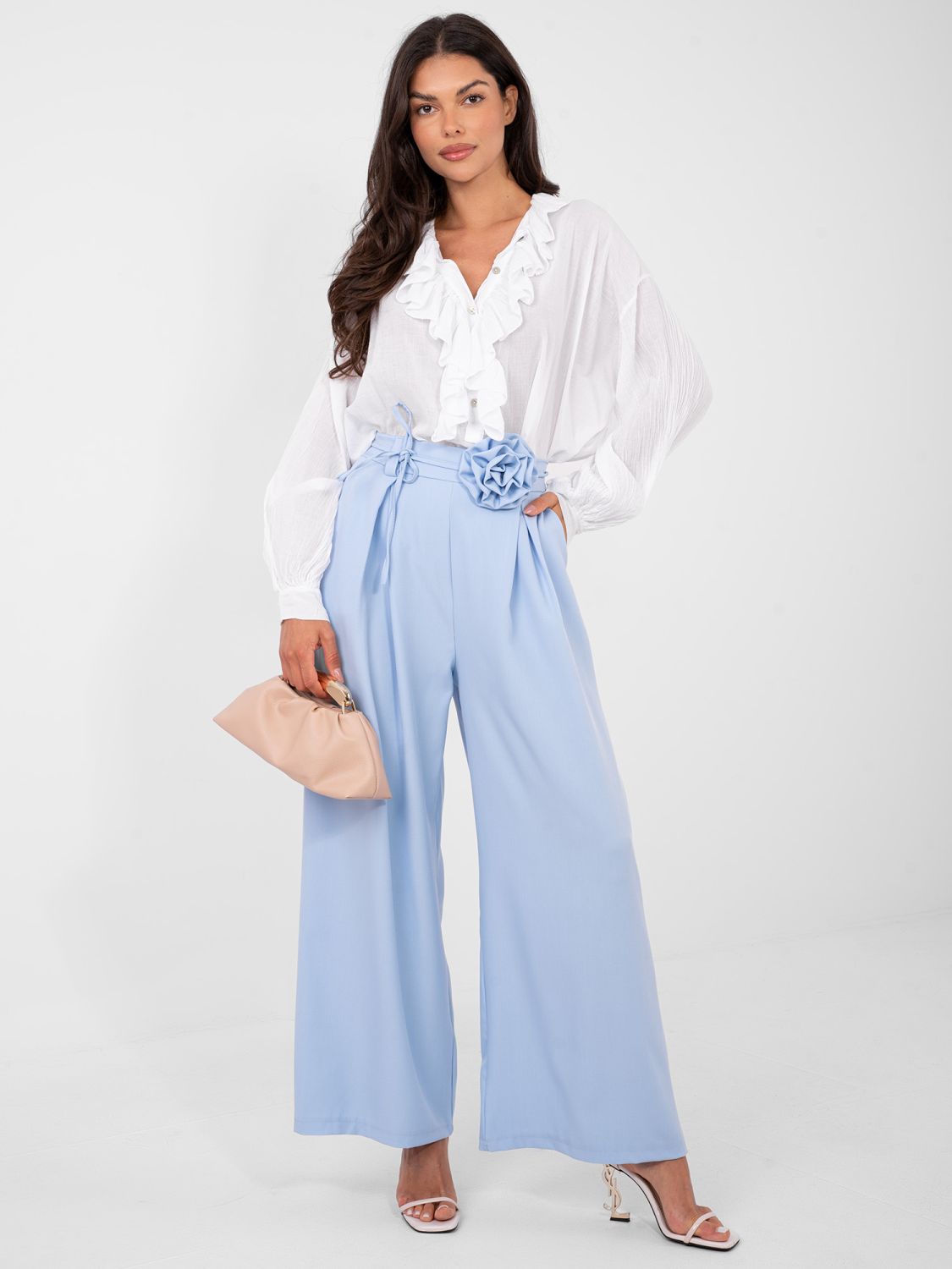Elegant wide-leg trousers with high waist and belt, blue