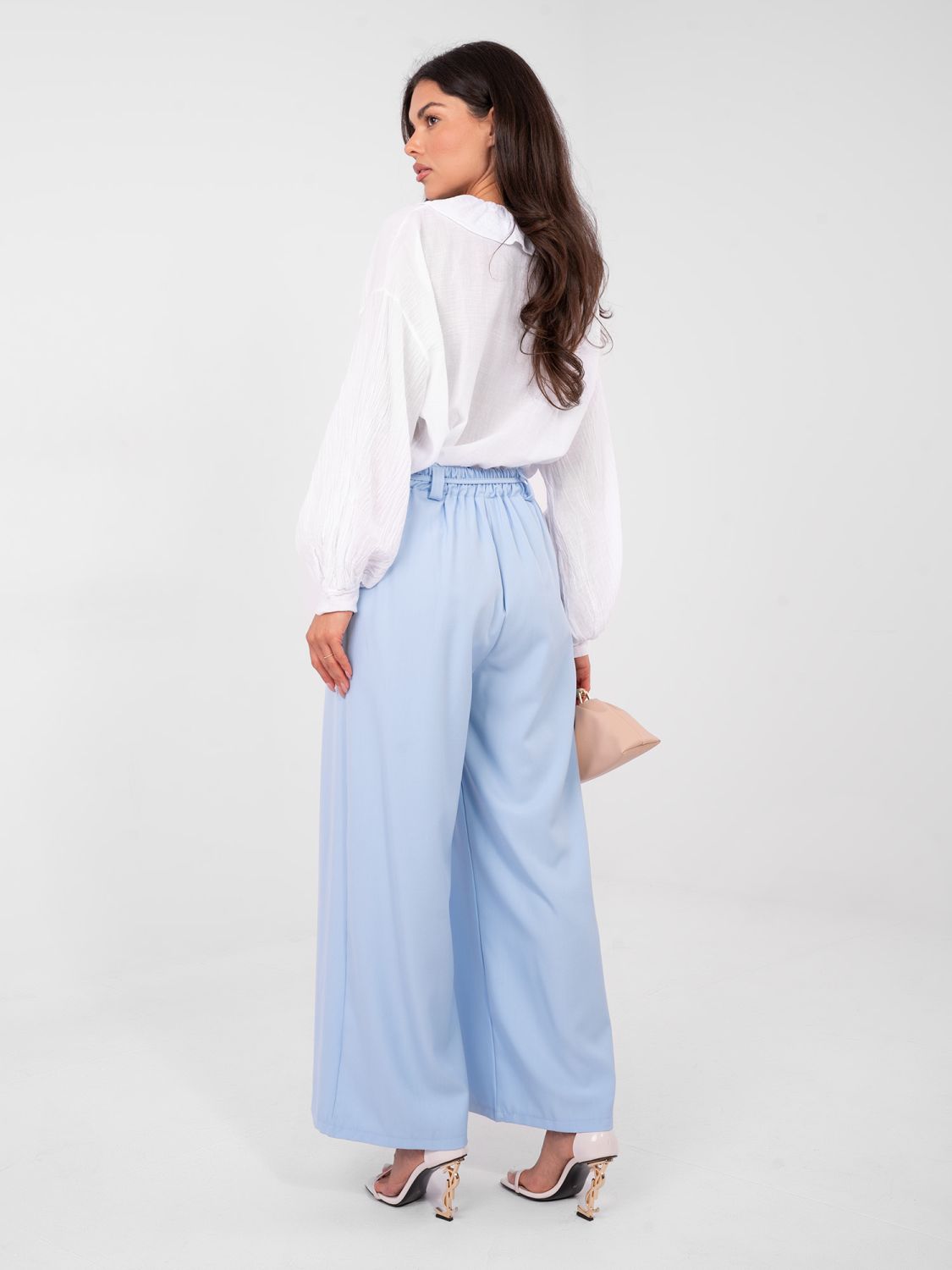 Elegant wide-leg trousers with high waist and belt, blue