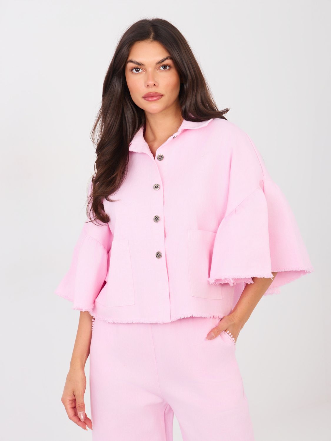 Short Pink Denim Jacket with Ruffle