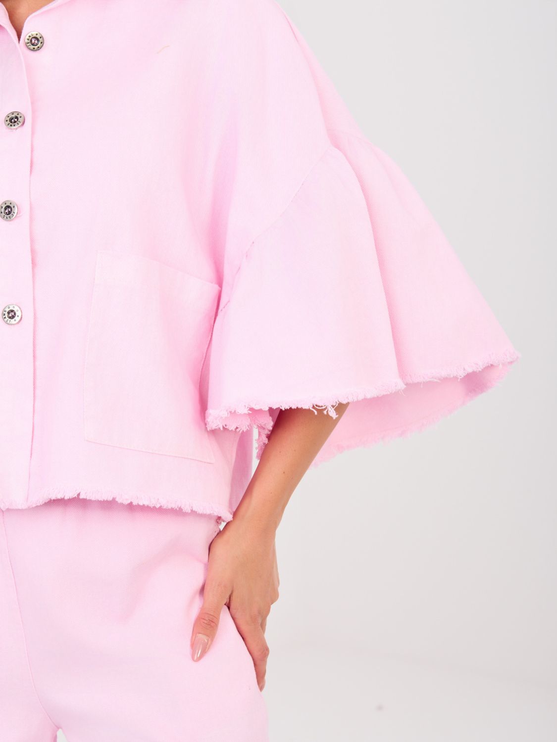 Short Pink Denim Jacket with Ruffle