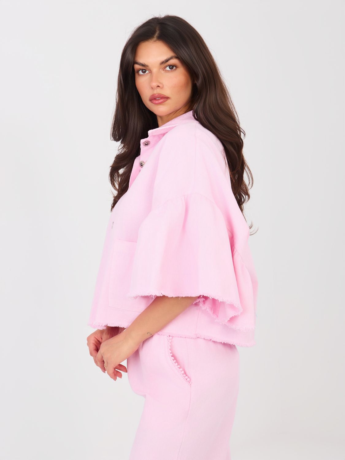 Short Pink Denim Jacket with Ruffle