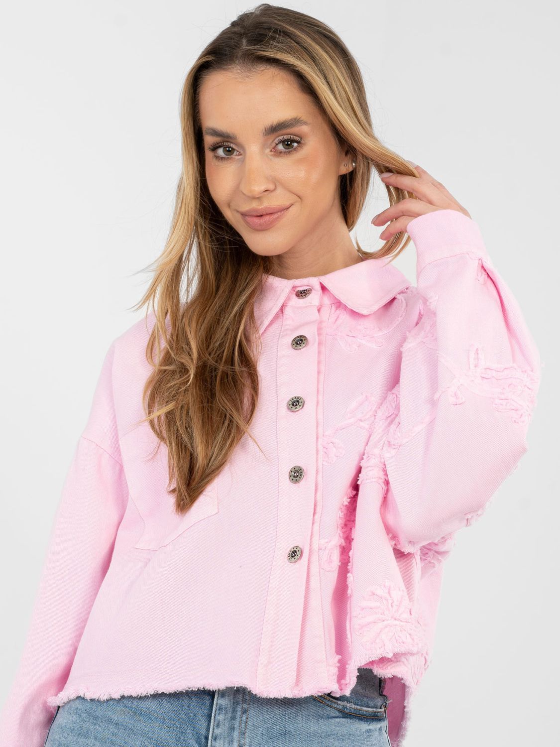 Short Pink Denim Jacket with Floral Appliqué