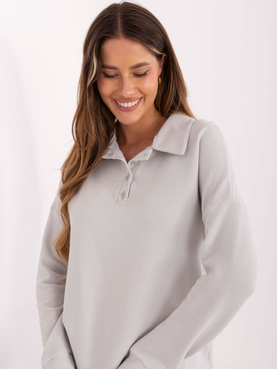 Light grey cotton blouse with collar and long sleeves