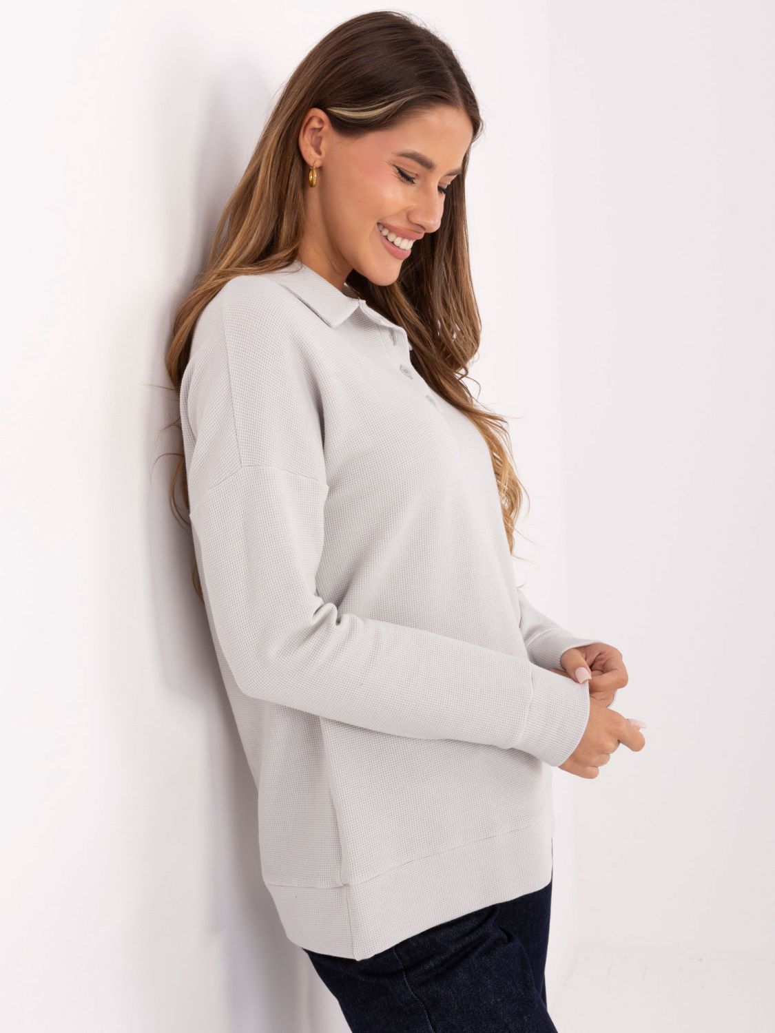 Light grey cotton blouse with collar and long sleeves