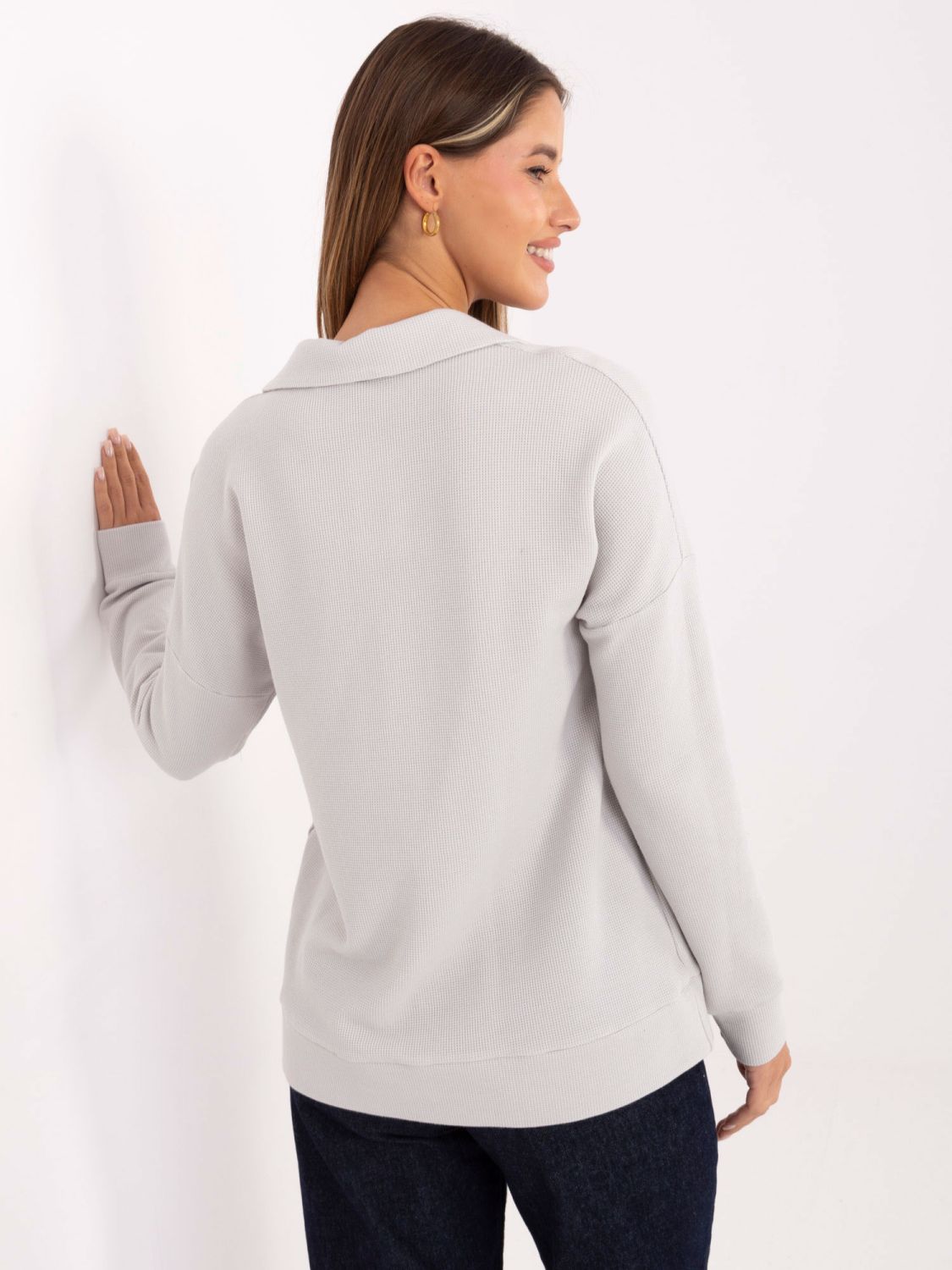 Light grey cotton blouse with collar and long sleeves