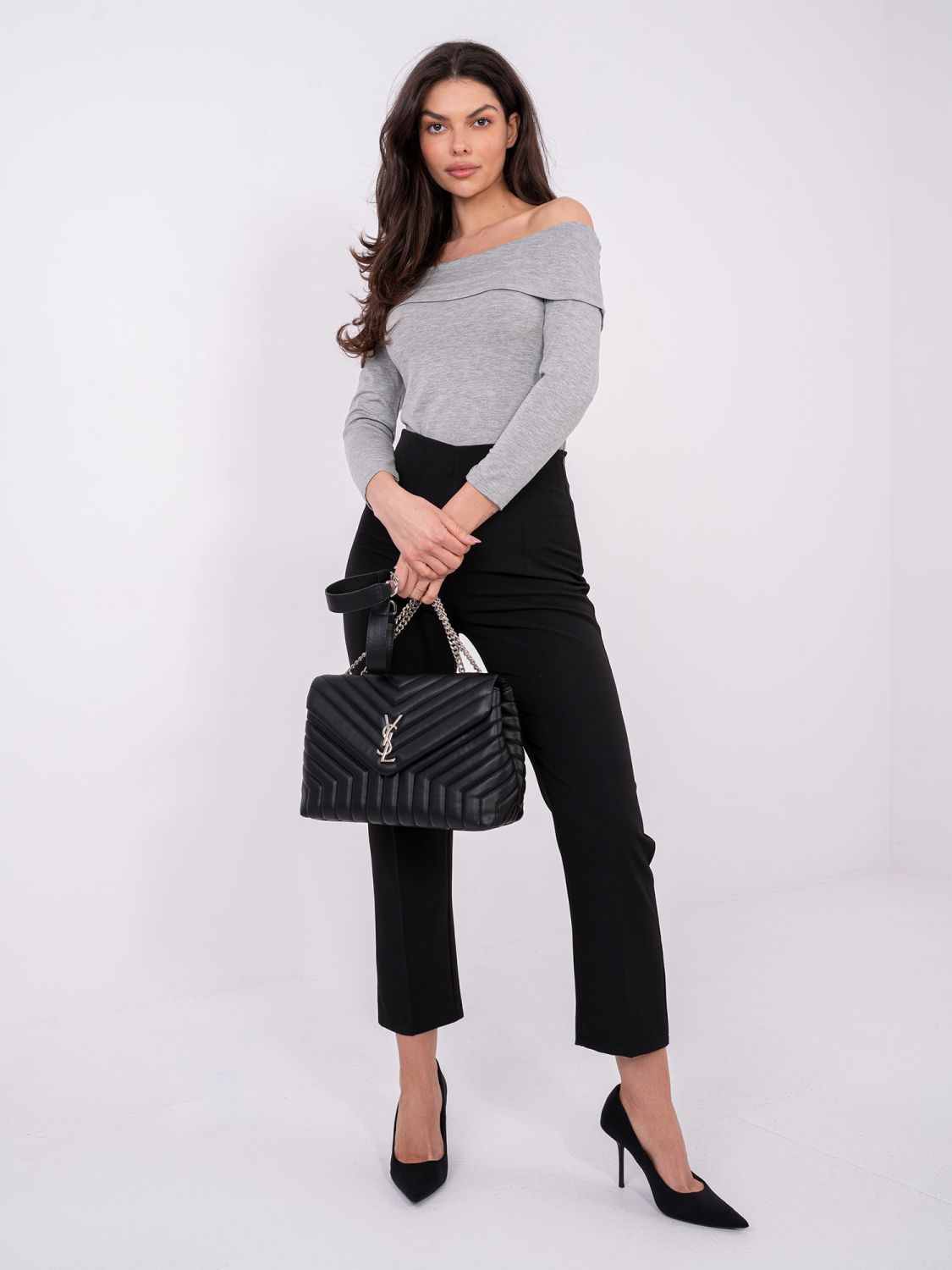 Grey off-shoulder blouse with 3/4 sleeves