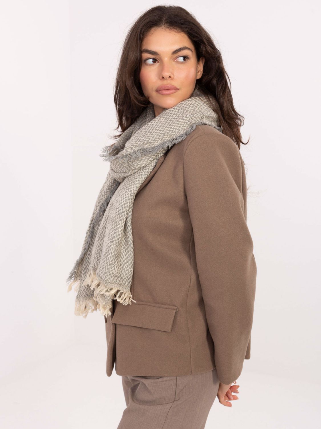 Light Grey Scarf with Herringbone Pattern and Fringes
