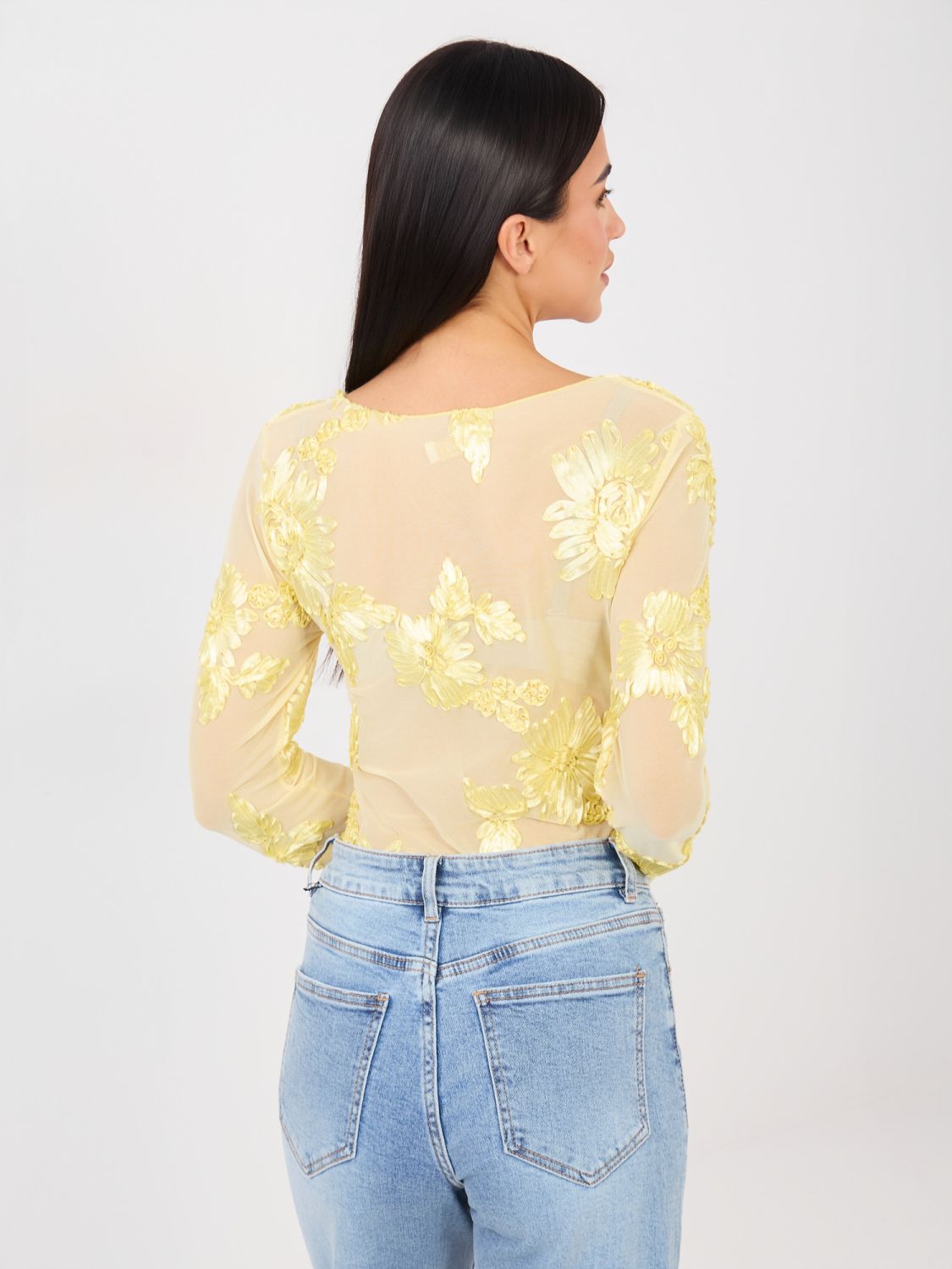Yellow elegant blouse with floral appliqué and embroidery