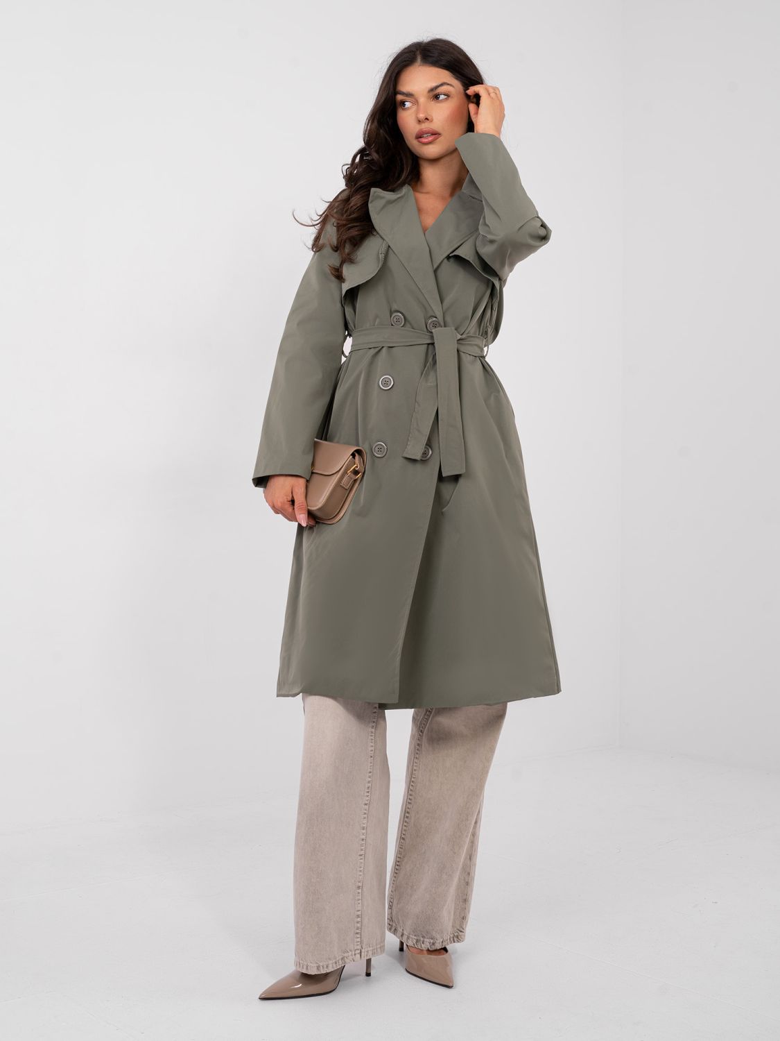 Stylish khaki trench coat with belt and lining