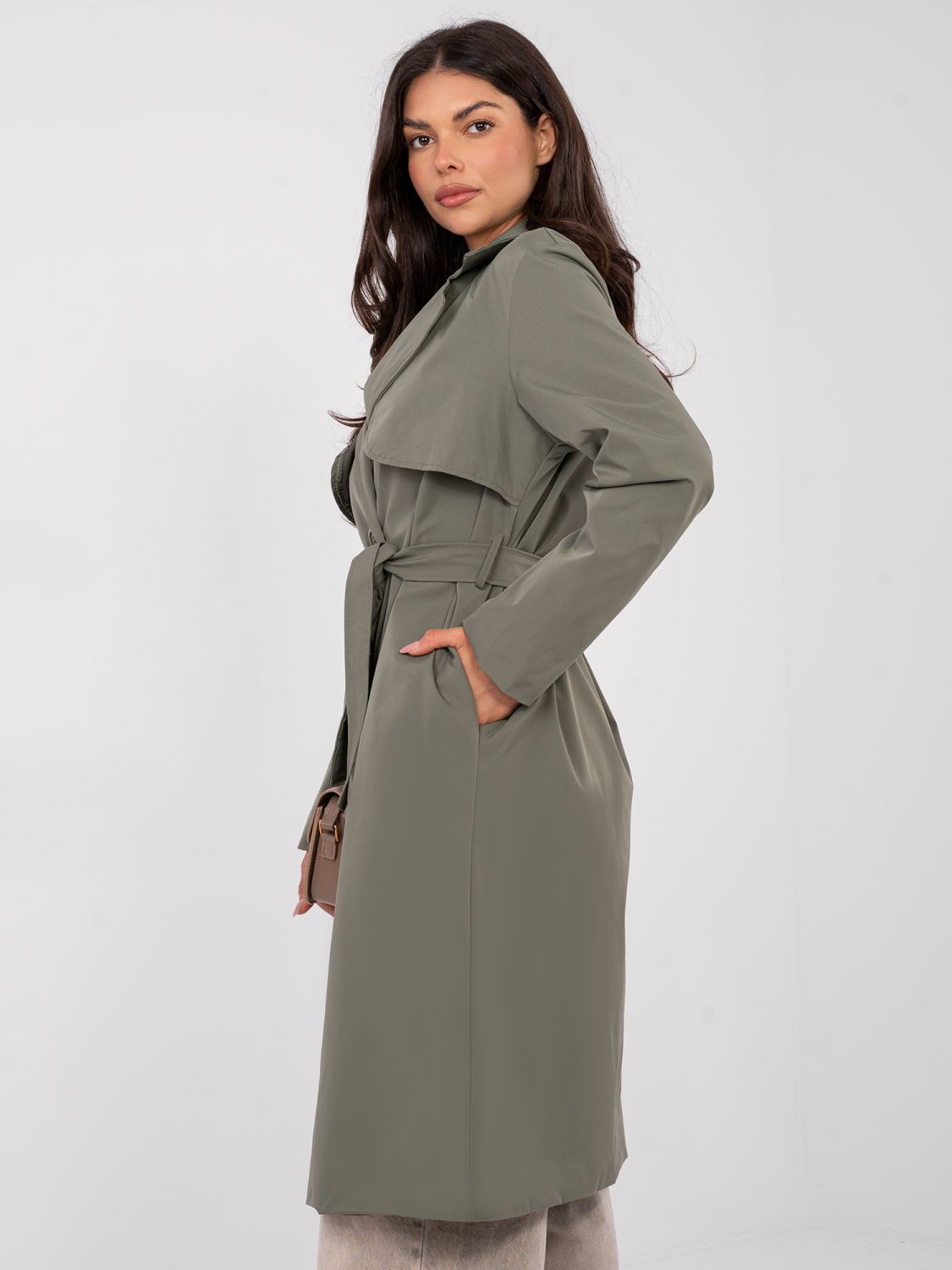 Stylish khaki trench coat with belt and lining