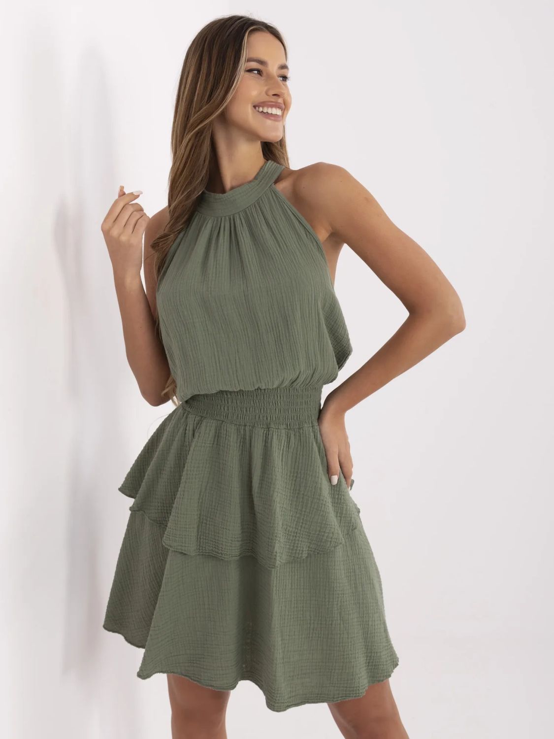 Summer Dress with Ruffles in Khaki