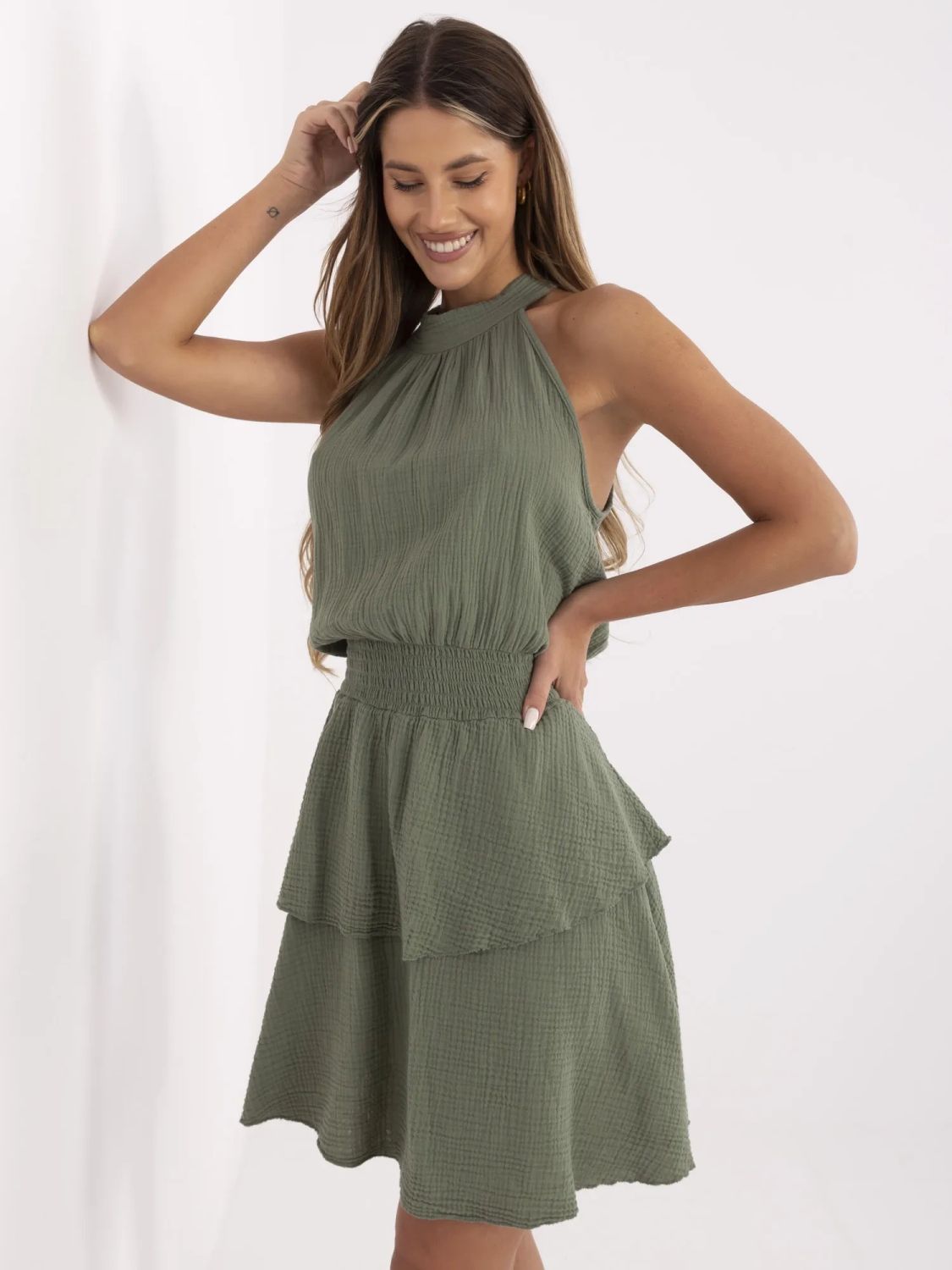 Summer Dress with Ruffles in Khaki