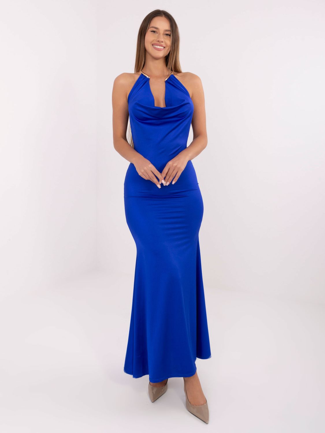 Cobalt blue maxi dress with waterfall neckline