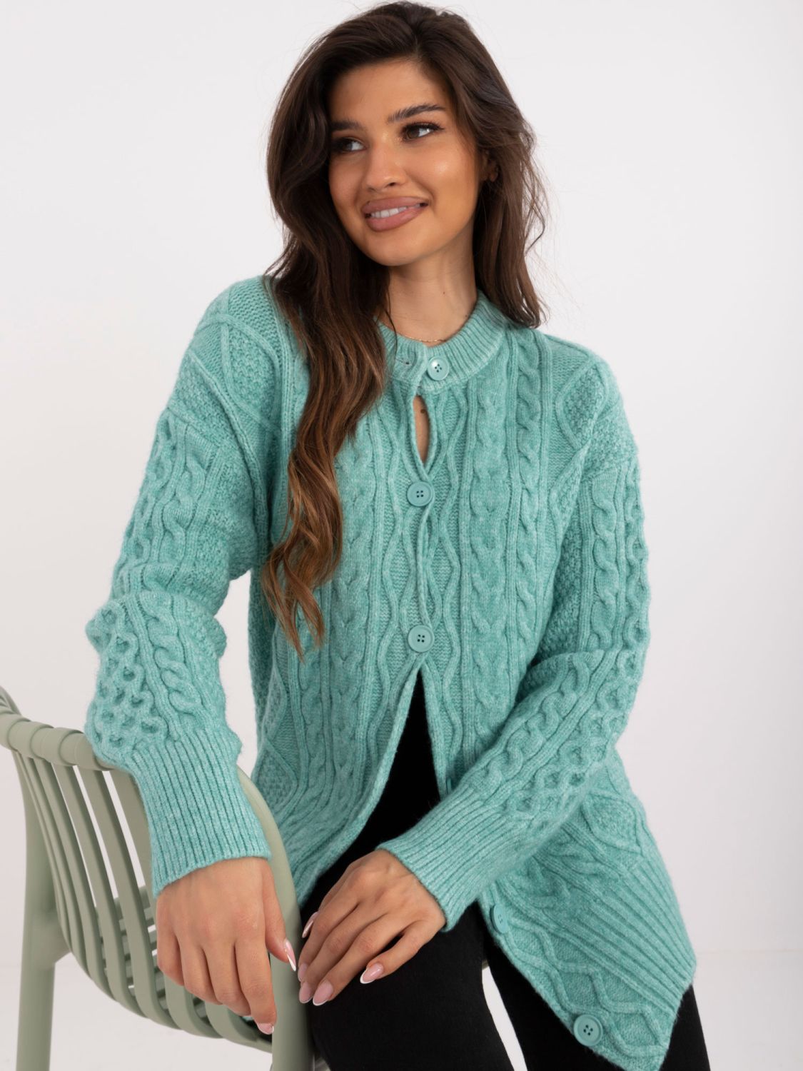 Long mint green textured cardigan with buttons