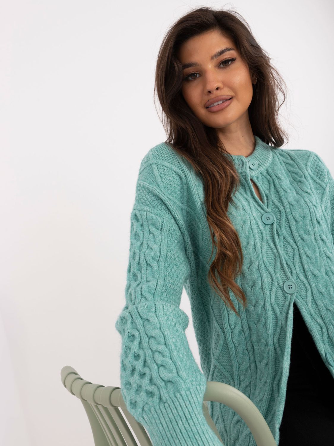 Long mint green textured cardigan with buttons