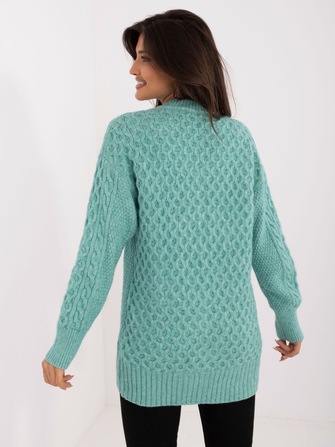 Long mint green textured cardigan with buttons