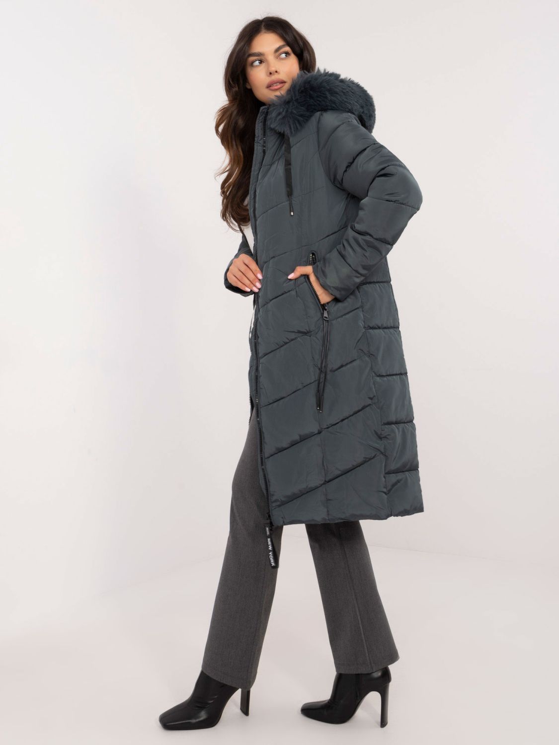 Women's blue quilted winter coat with hood