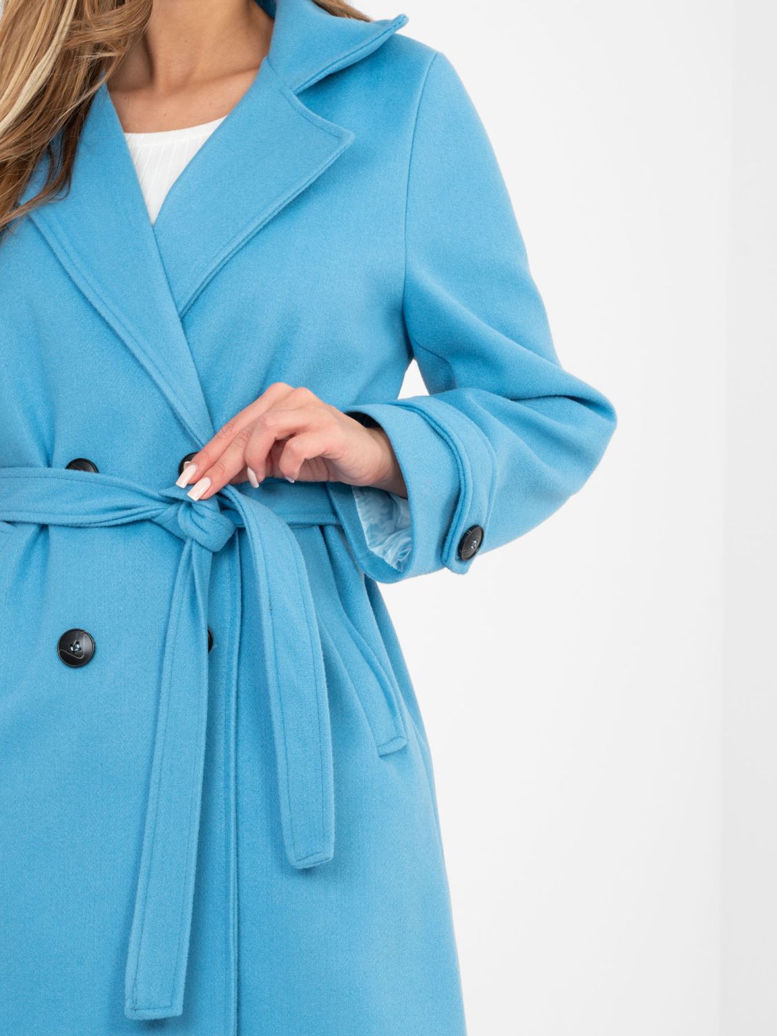 Elegant blue transitional coat with belt