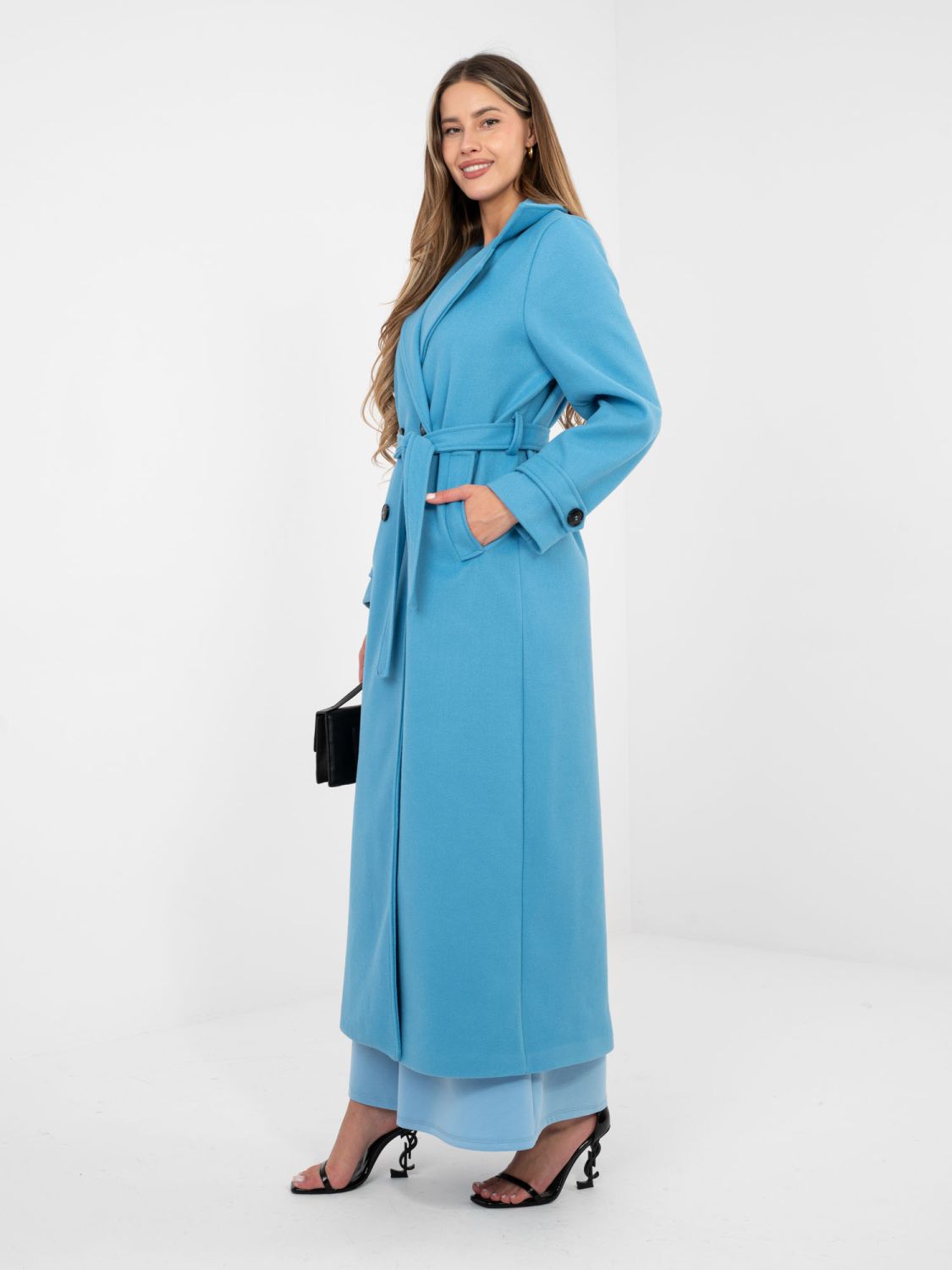 Elegant blue transitional coat with belt