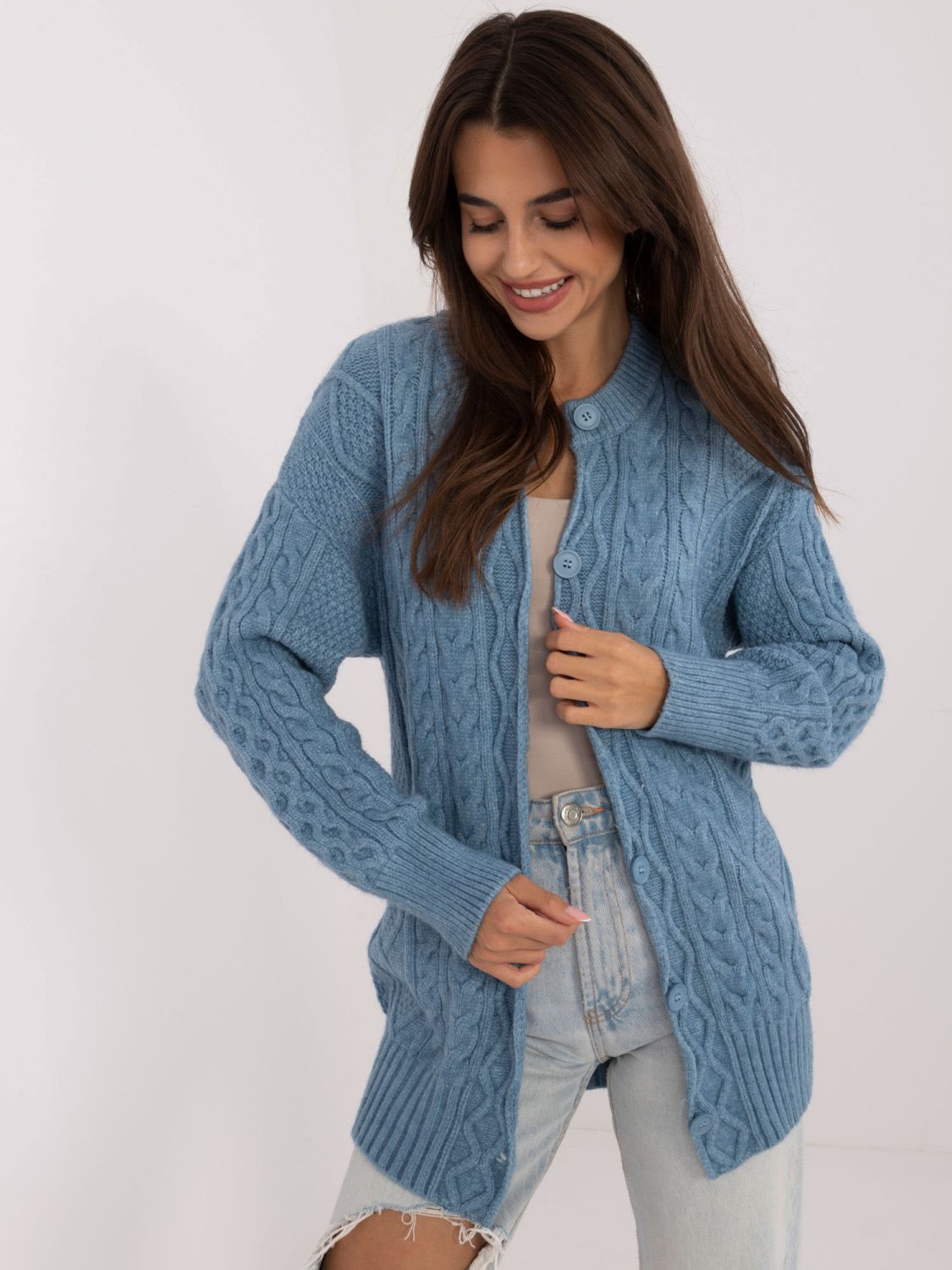 Long blue buttoned textured knit cardigan