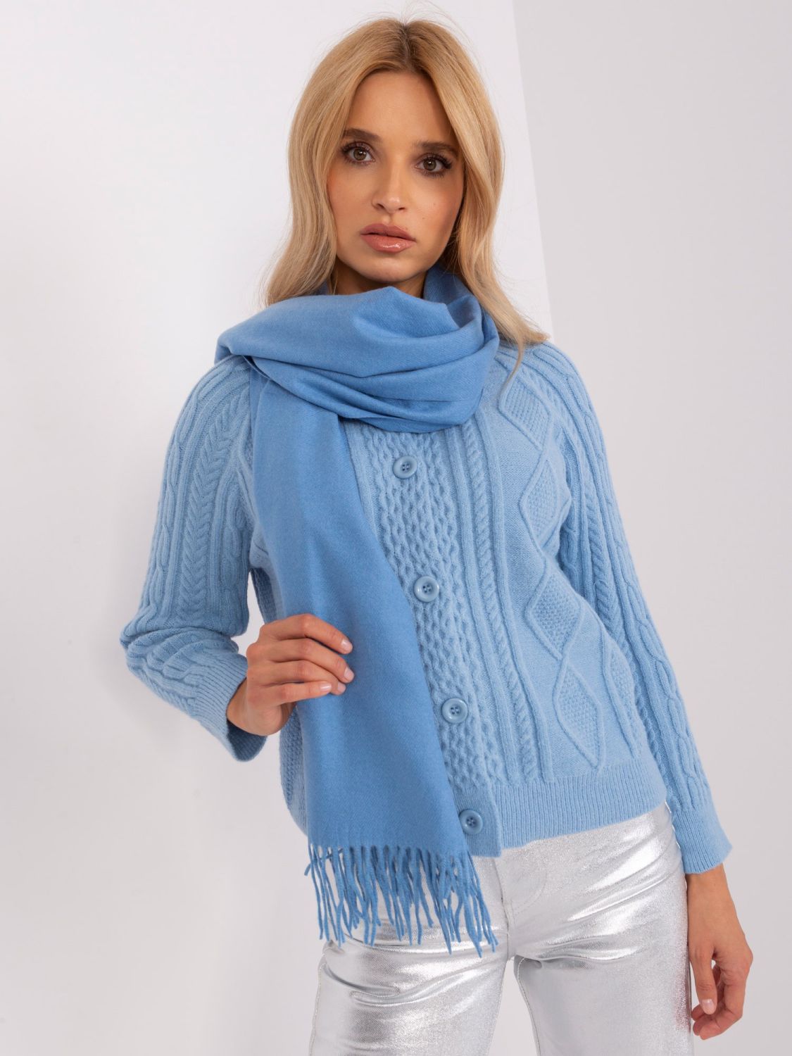 Blue Knitted Scarf with Fringes