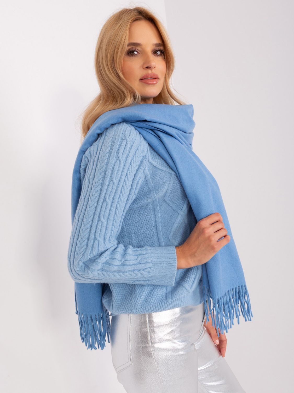 Blue Knitted Scarf with Fringes