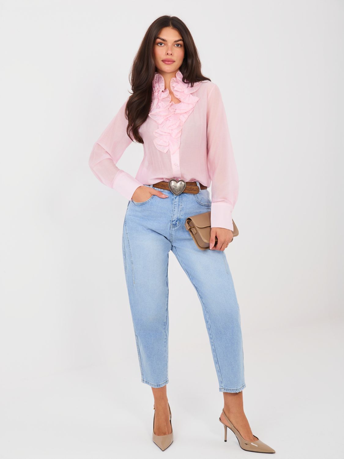 Women's mom jeans with high waist and belt, blue