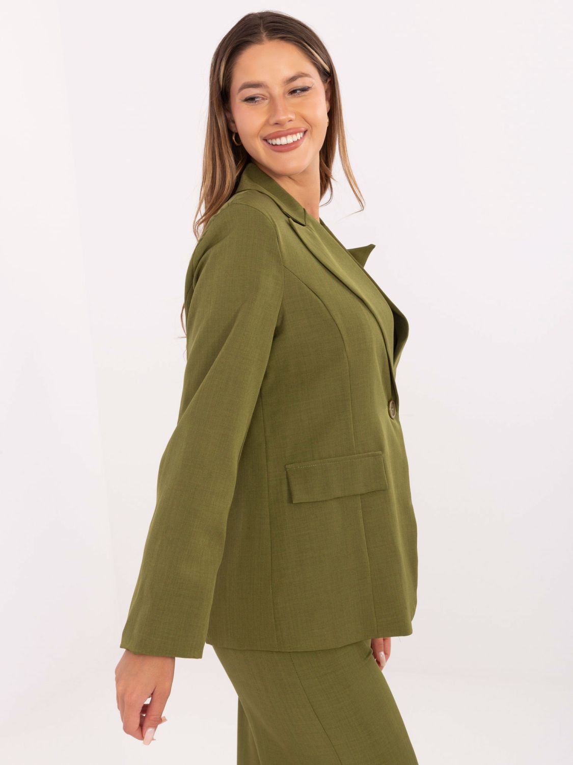 Elegant olive green blazer with brooch