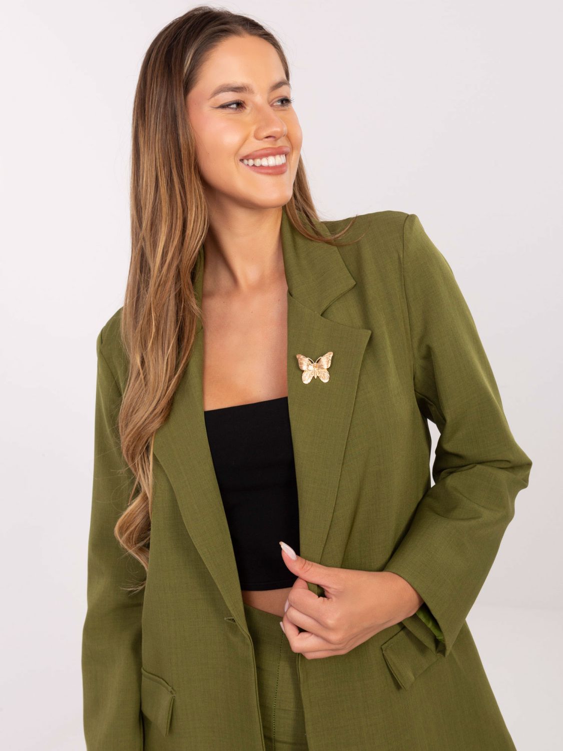 Elegant olive green blazer with lining and brooch