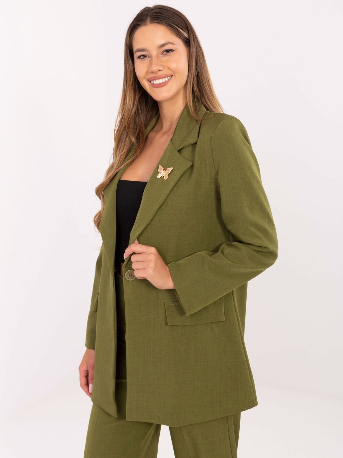 Elegant olive green blazer with lining and brooch