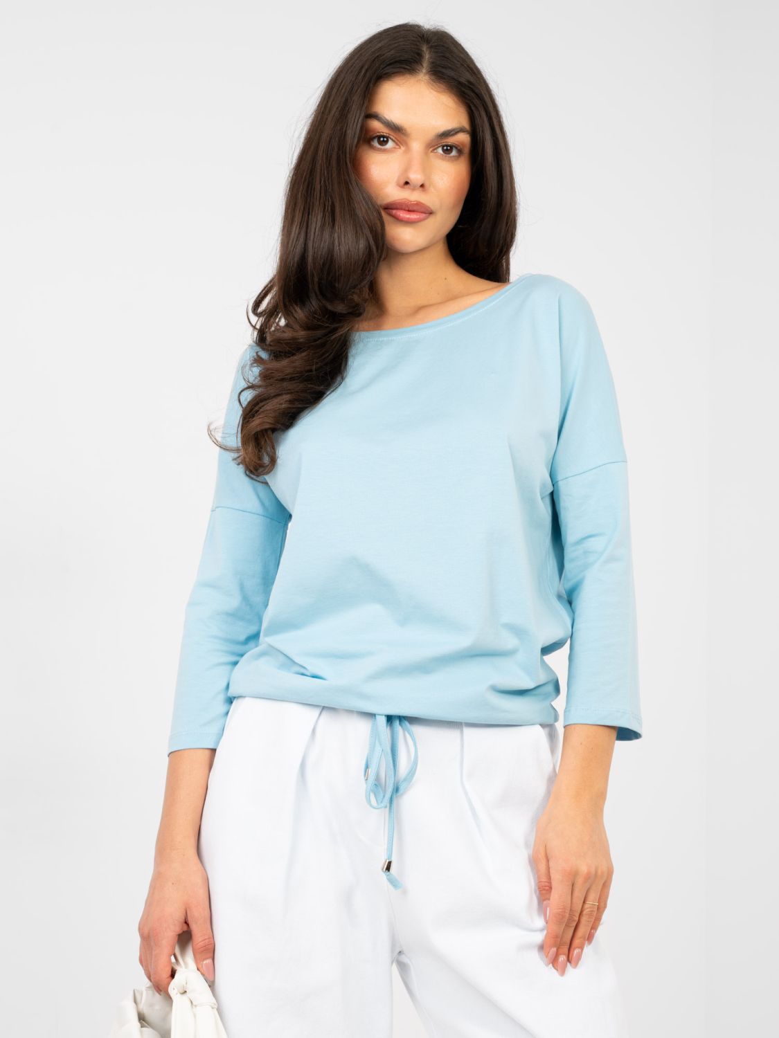 Light blue cotton blouse with 3/4 sleeves and tie detail