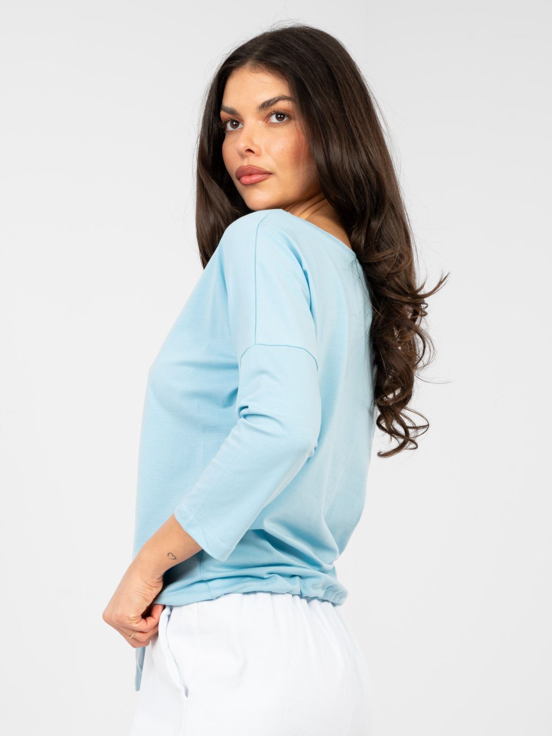 Light blue cotton blouse with 3/4 sleeves and tie detail