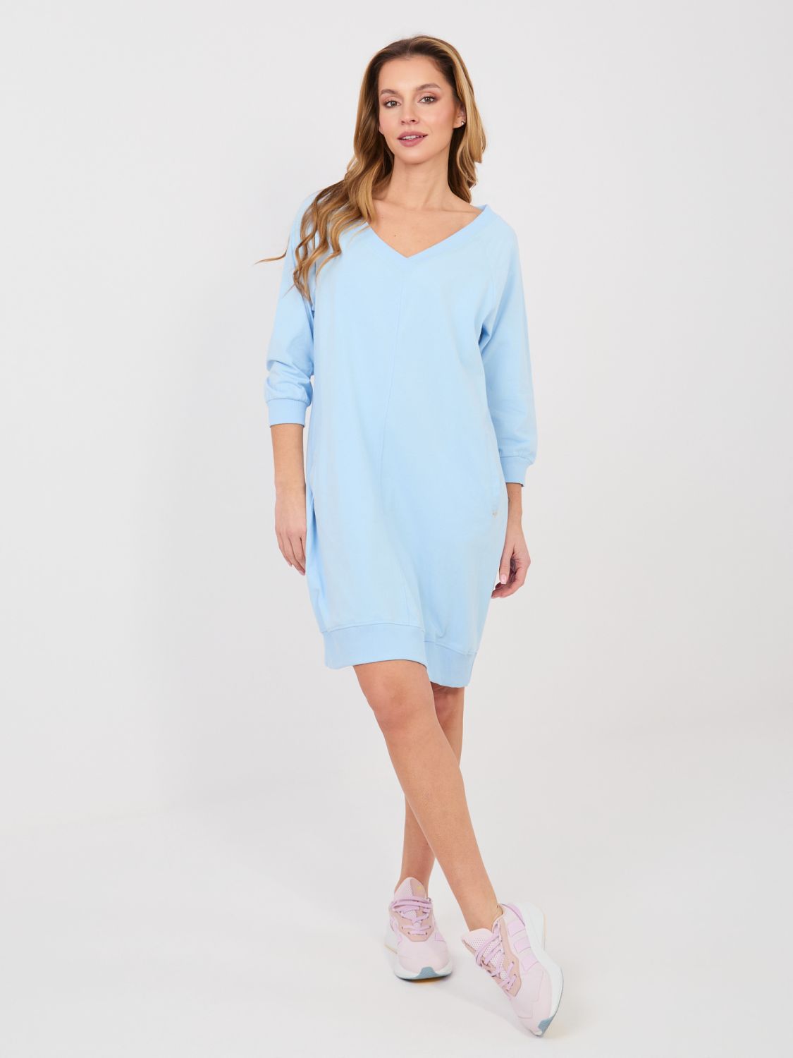 Light Blue Cotton Dress with 3/4 Sleeves and V-Neckline