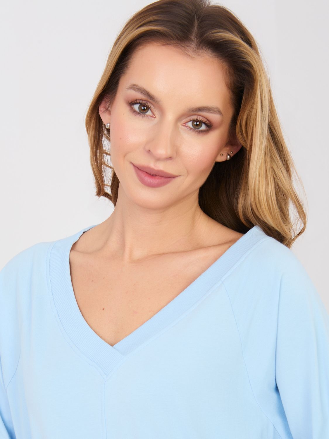 Light Blue Cotton Dress with 3/4 Sleeves and V-Neckline