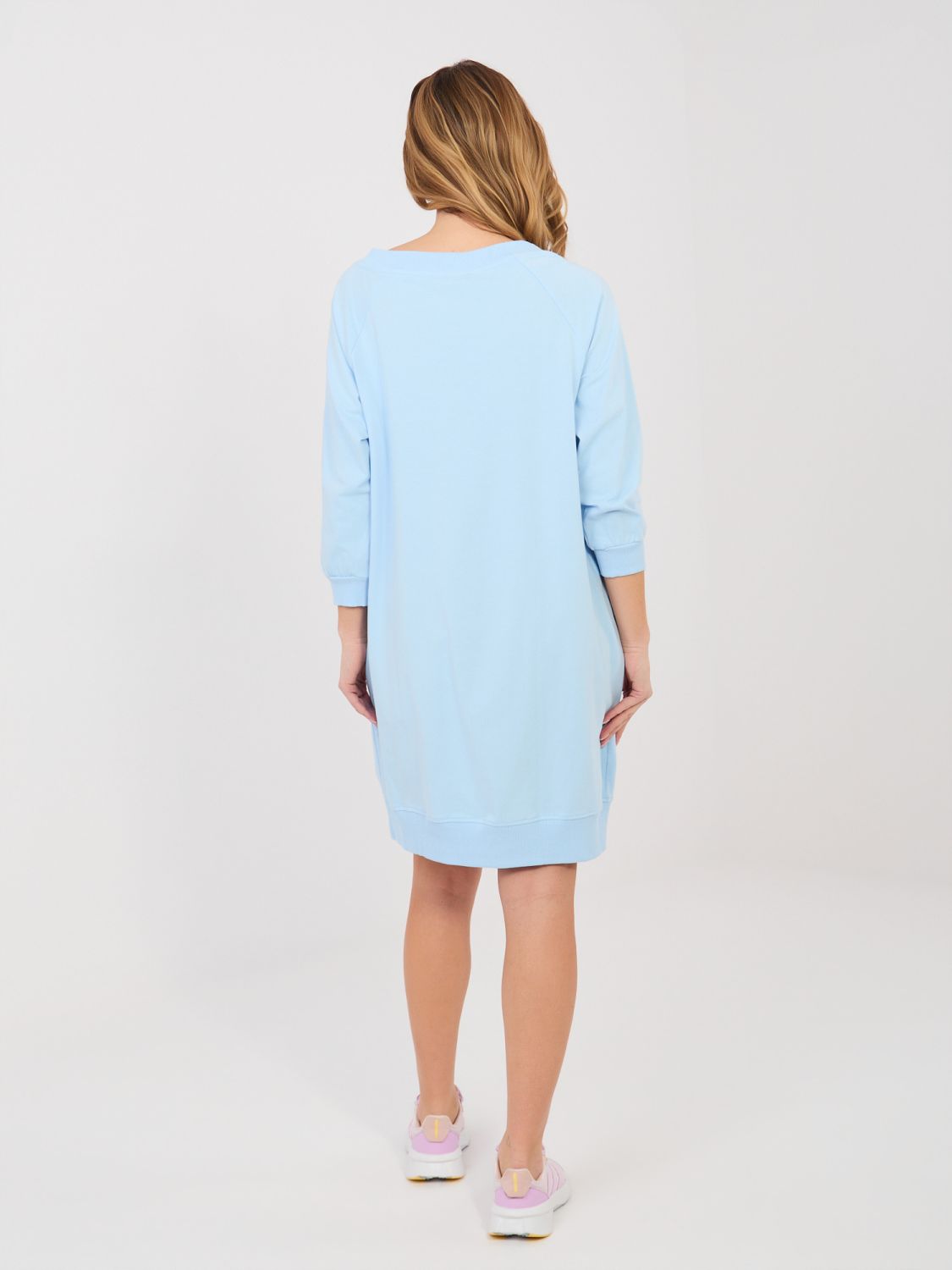 Light Blue Cotton Dress with 3/4 Sleeves and V-Neckline