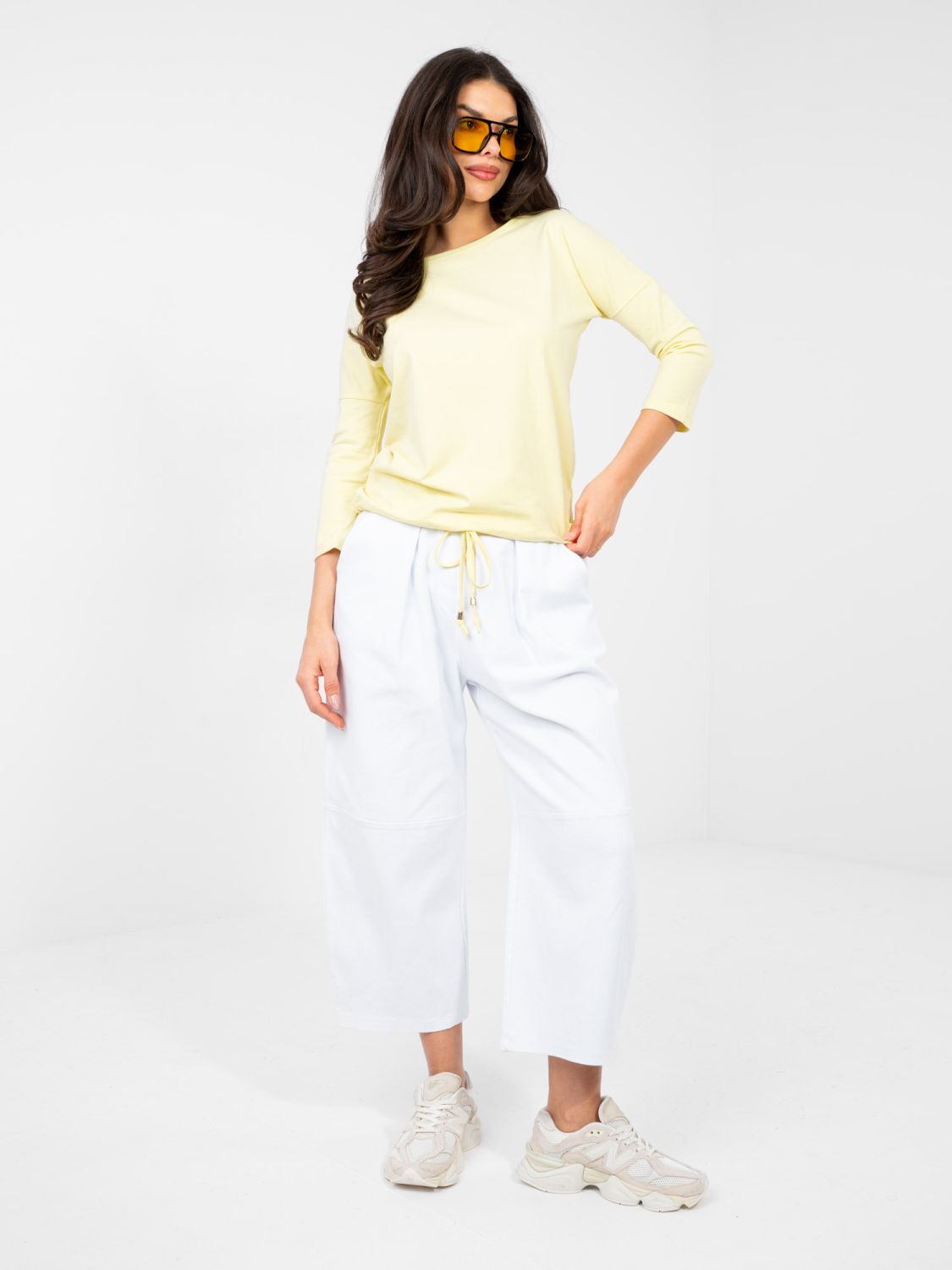 Yellow cotton blouse with 3/4 sleeves and tie detail
