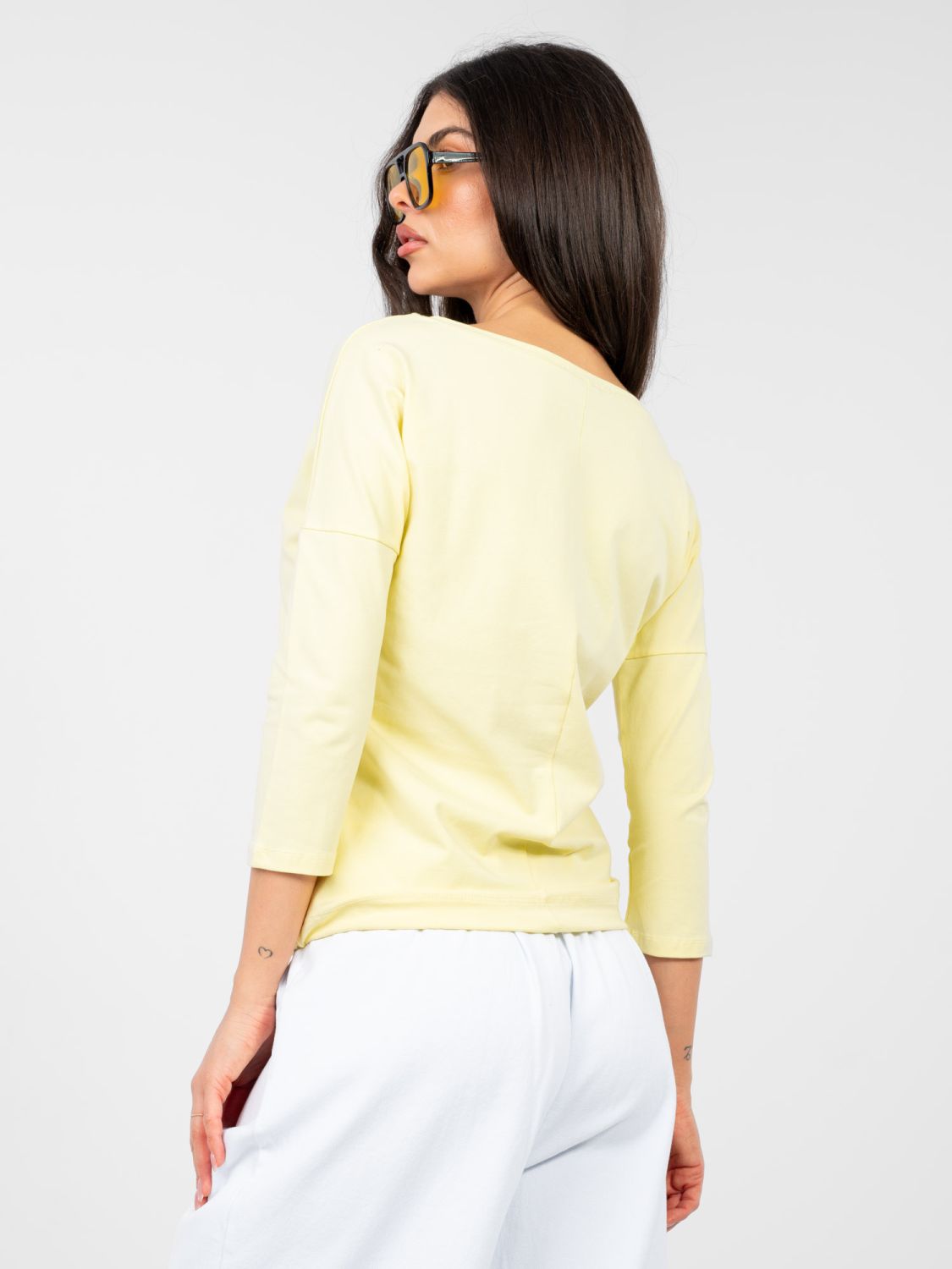 Yellow cotton blouse with 3/4 sleeves and tie detail