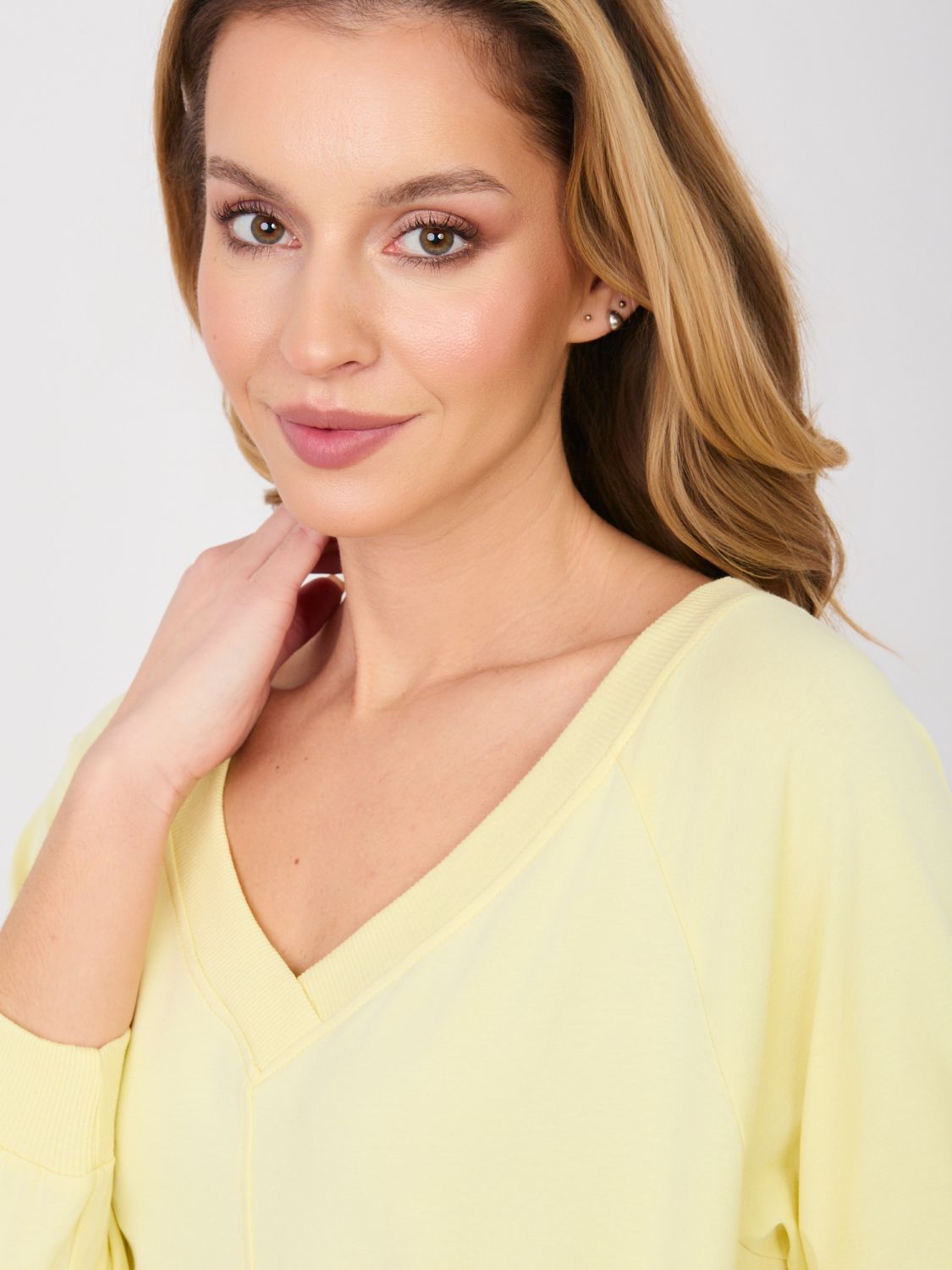 Yellow comfortable cotton dress with 3/4 sleeves and V-neck